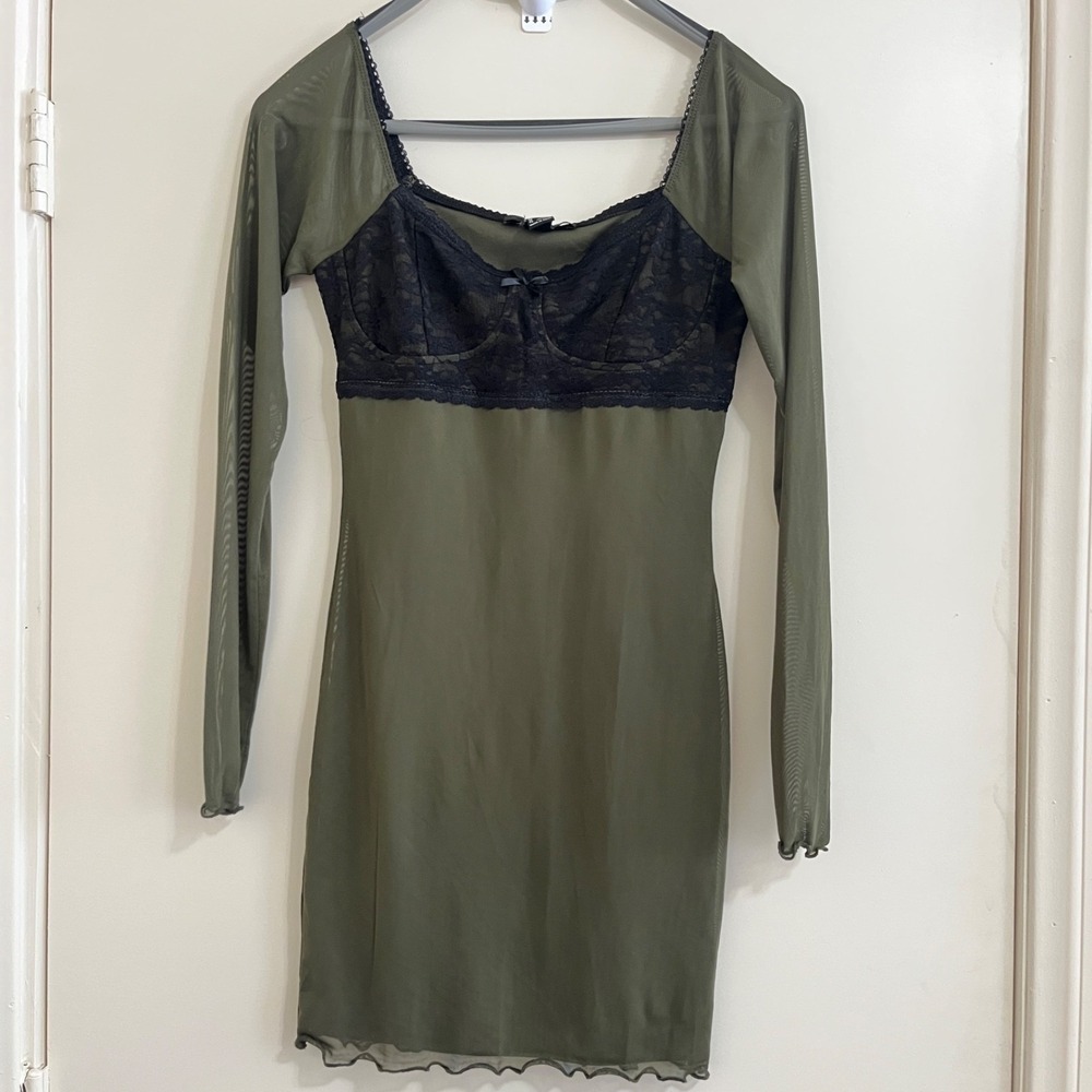 Y2K Dark Fairy Goth Dress Small Olive Green Black Lace Bustier Sheer Sleeves Alt
